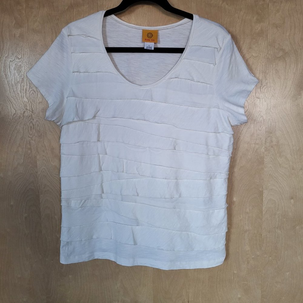 Short Sleeve Cotton V-Neck Ruffled Top Ivory Size Large